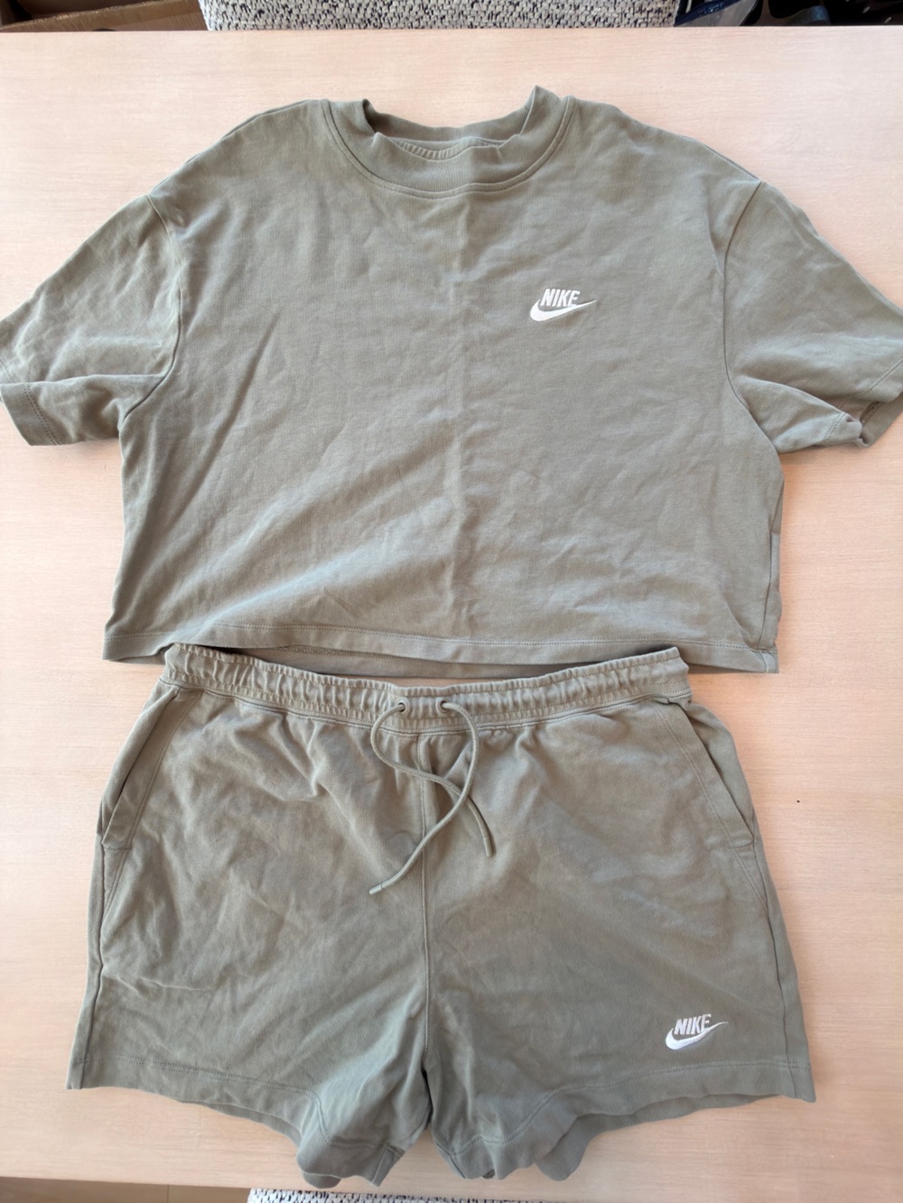 Nike Women’s Olive Green Crop Tee (Medium) & Drawstring Shorts (Large) Set